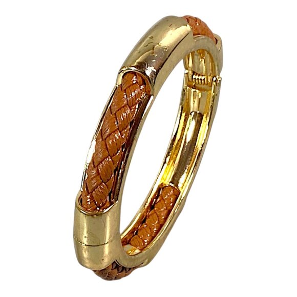 Vintage Bangle Bracelet S/M Gold Plated Faux Leather Hinged Clamper Eclectic VTG - Picture 1 of 16